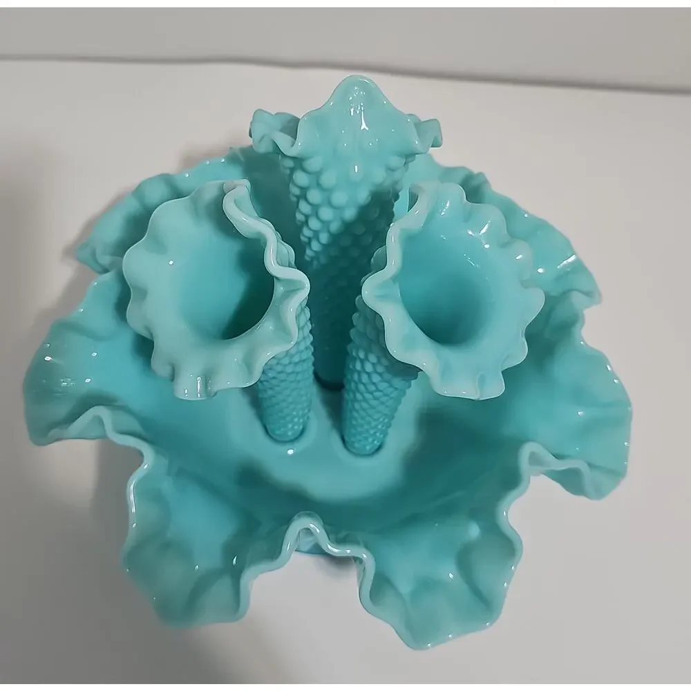 Fenton Aqua Milk Glass Three Horn Hobnail Epergne Vase/Bowl Mint Condition